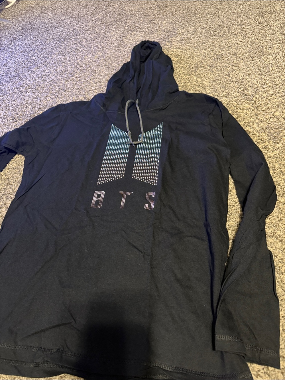 BTS Youth Black Hooded Pullover with Rhinestone Logo